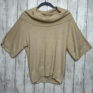 Michael Kors Gold Glitter Cowl Neck 3/4 Sleeve Sparkle Holiday Sweater Medium